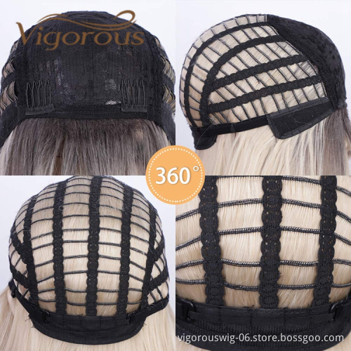 Vigorous High Quality Cheap Price Long Straight Wave Ombre Blonde Dark Root With Neat Bangs For Black Women Synthetic Hair Wigs